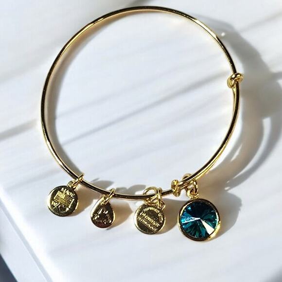 Alex and Ani Blue Crystal December Birthstone Charm Bracelet Brass Gold Plated - Picture 1 of 4